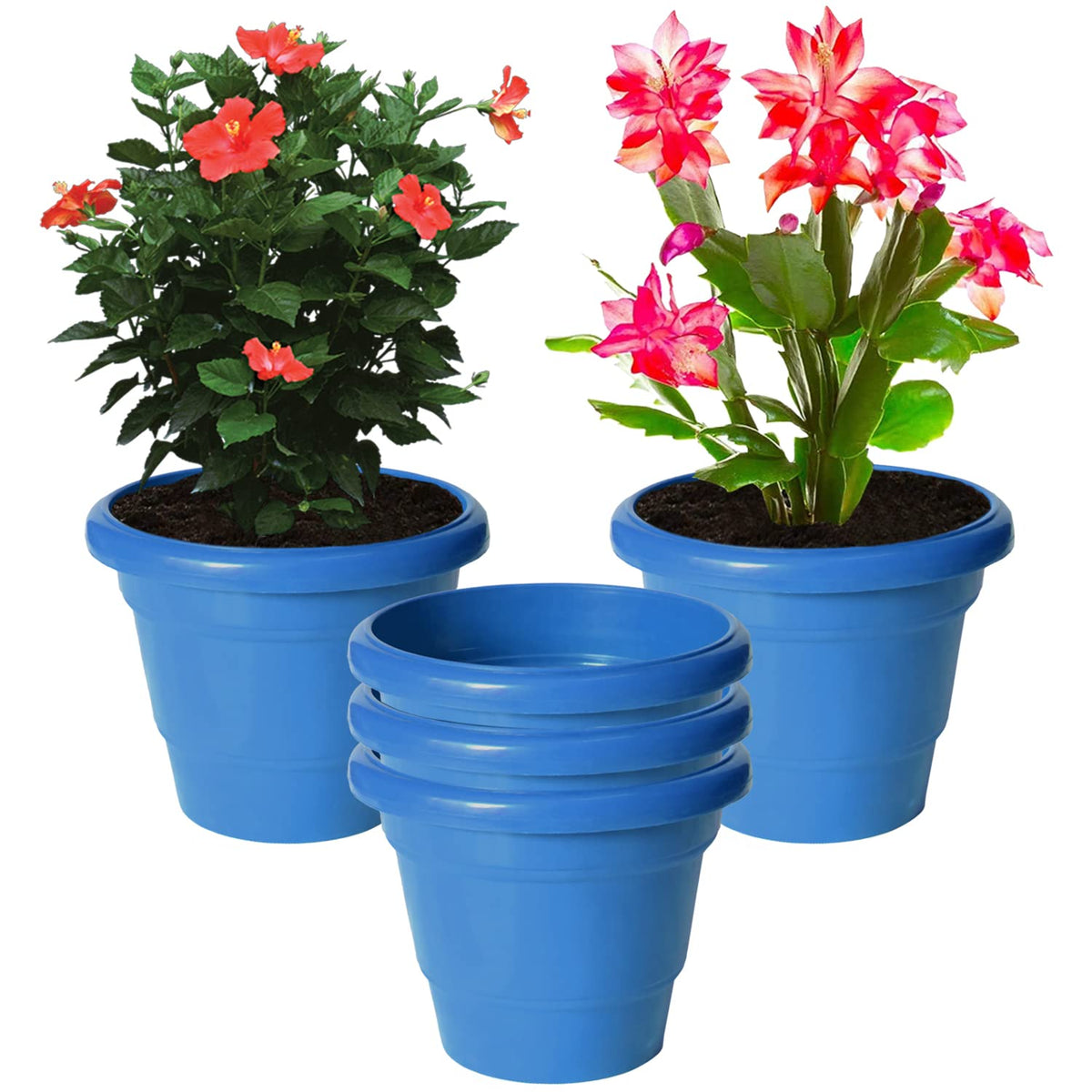 Kuber Industries Solid 2 Layered Plastic Flower Pot|Gamla for Home Decor,Nursery,Balcony,Garden,8"x 6",Pack of 5 (Blue)