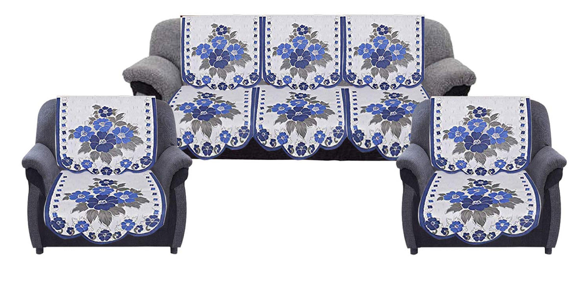 Kuber Industries Flower Design 6 Piece Cotton Sofa Cover Set - White & Blue, Standard Size (CTKTC03475)