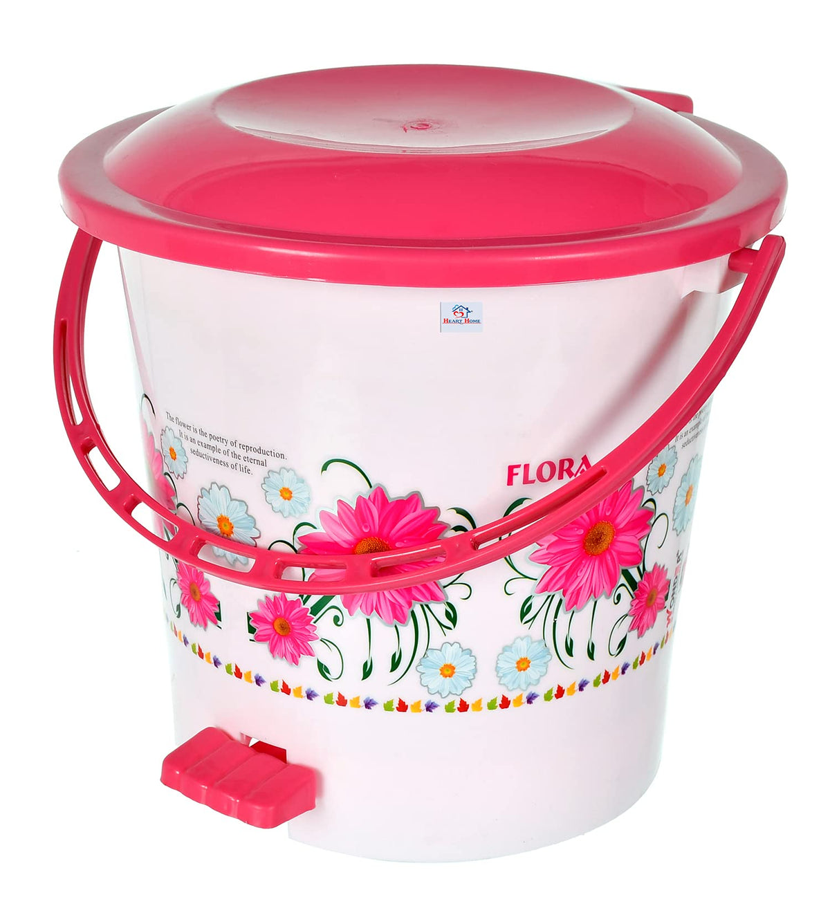 Heart Home Flower Printed Plastic Pedal Dustbin With Lid & Handle For Home/Kitchen/Office, 5 Ltr (White) (HS39HEARTH022443)