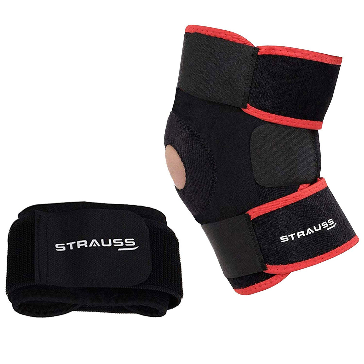 STRAUSS Adjustable Knee Support Patella, Free Size (Black) and Wrist Support, Free Size (Black), Single (ST-1909)