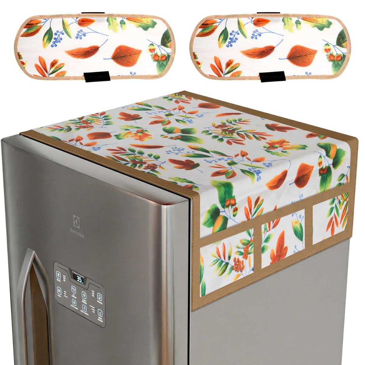 Kuber Industries Fridge Top Cover & Handle Cover Set | Fridge Top & Handle Cover Set | Refrigerator Cover & Handle Cover Combo Set | Leaf Kniting Fridge & Handle Cover | Cream