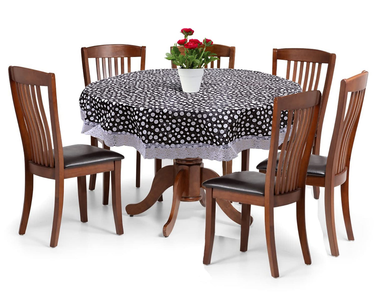 Kuber Industries Dot Printed Waterproof Spillproof 72 Inch 6 Seater PVC Round Table Cover with Lace Border for Dining Room Kitchen Party (Black & White)-HS43KUBMART26597, Standard