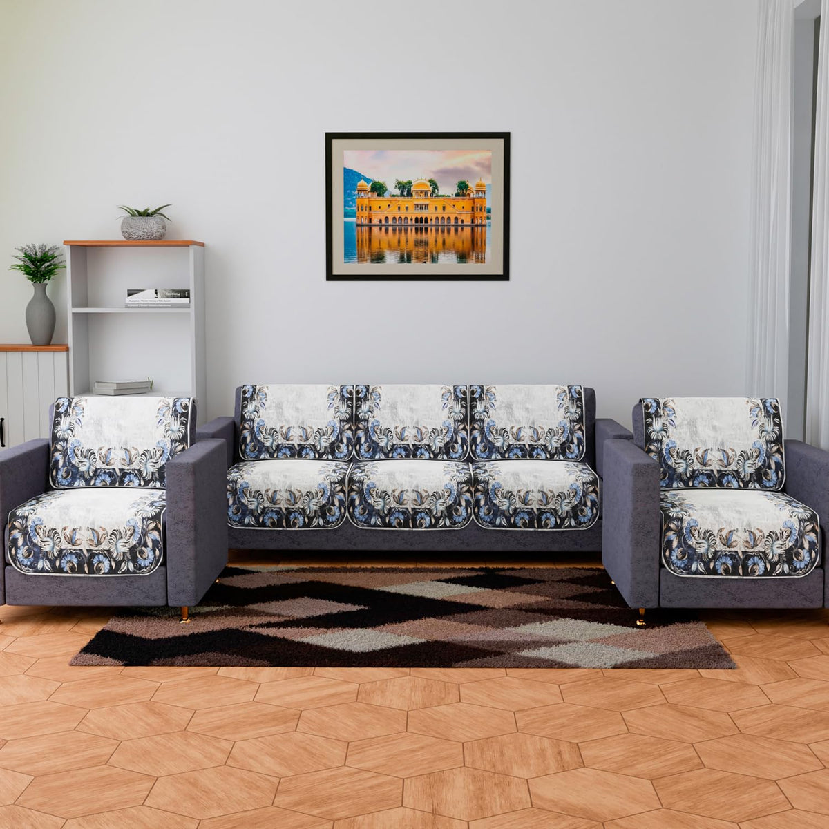 Kuber Industries Sofa Cover Set | Sofa Slip Cover Set | Blue Digital Flower Sofa Cover | Velvet 5 Seater Couch Cover | Sofa Slipcover Set | Sofa Cover for Living Room | Gray