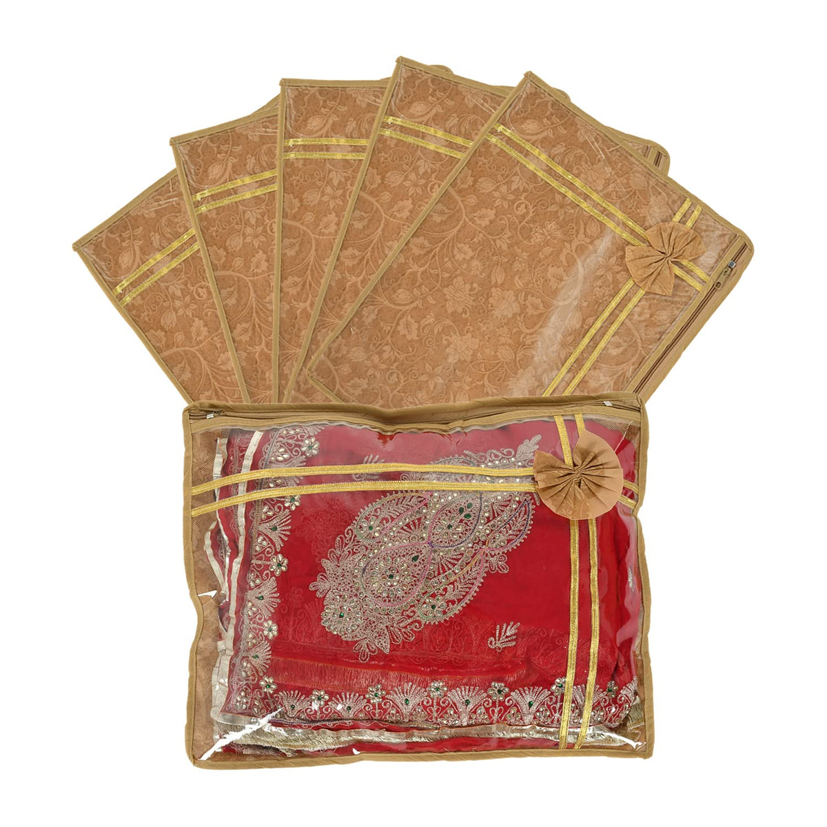 Heart Home Flower Printed Non-Woven Foldable Single Saree Cover, Wardrobe Organiser With Tranasparent Top- Pack of 6 (Brown)-50HH01324
