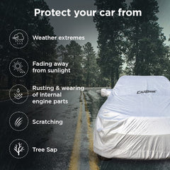 CARBINIC Car Cover for Mahindra Scorpio N 2022 Waterproof (Tested) and Dustproof Custom Fit UV Heat Resistant Outdoor Protection with Triple Stitched Fully Elastic Surface (Silver)