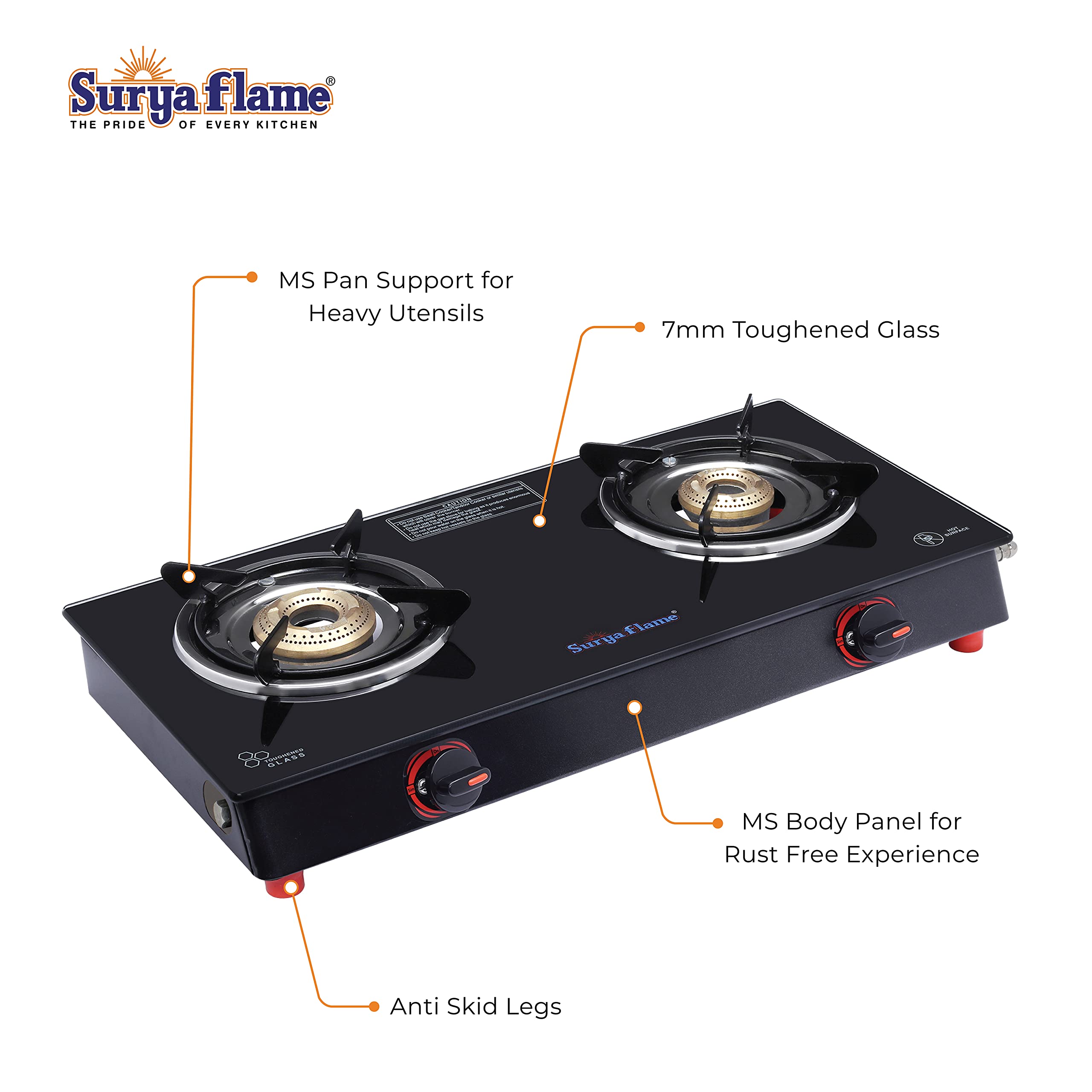 Surya Flame Smart Gas Stove 2 Burners Glass Top | Black Body PNG Stove With 69% Thermal Efficiency | Anti Skid Rubber Legs - 2 Years Complete Doorstep Warranty