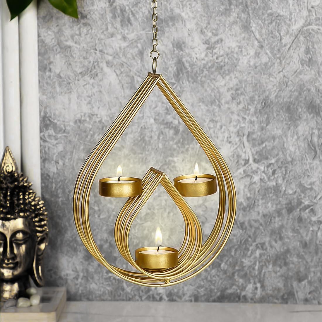 Hanging Tealight Candle Holder for Home Decor | Perfect Candle Holder for Diwali Decoration and Wall Hanging Decor | Indoor & Outdoor, Festival Decorative Candles Gift Items (Gold Diya)