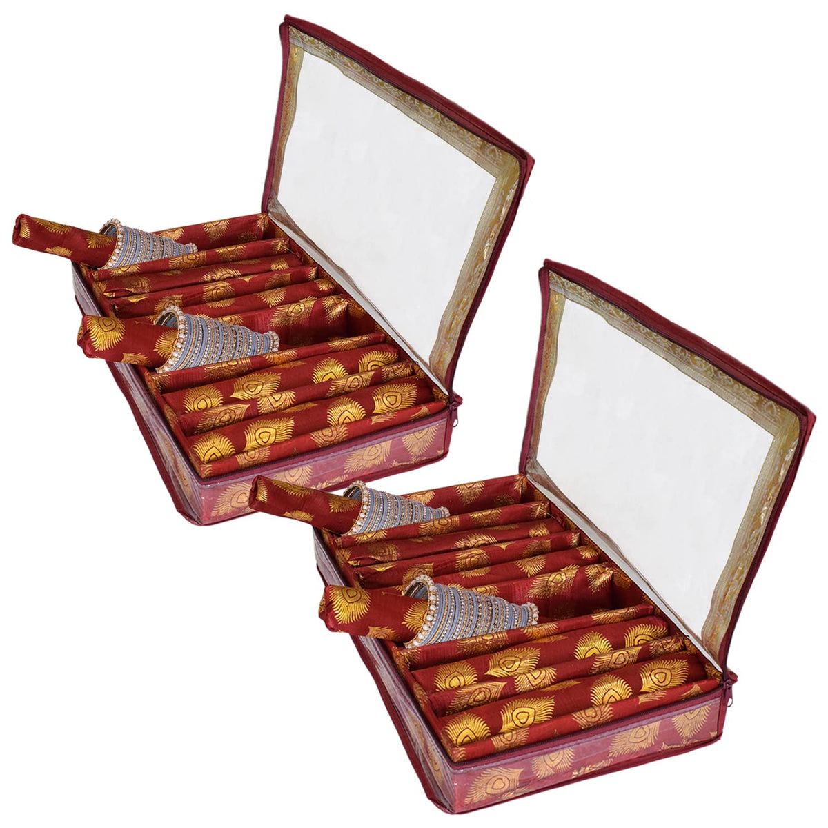 Heart Home Feather Design Laminated 6 Rod Box, Organizer For Bangle, Watches, Bracelets, Jewellery With Tranasparent Top - Pack of 2 (Maroon)-47HH0216
