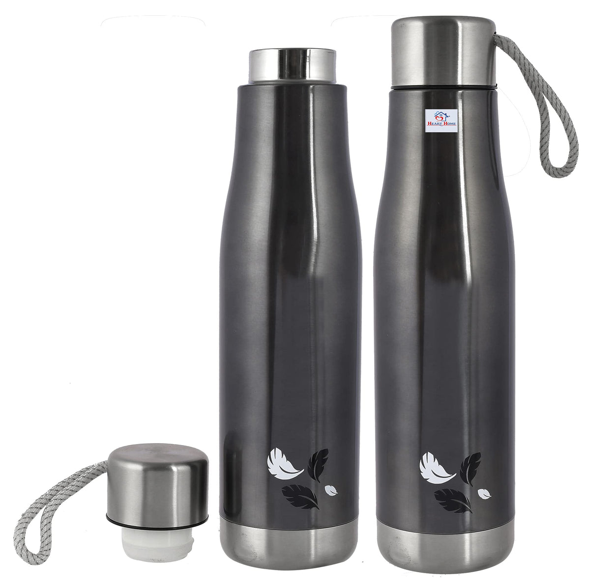 Heart Home Leak/Odour Free Insulated Double Wall Stainless Steel Water Bottle/Flask with Carrying Strip, 1000ml- Pack of 2 (Dark Grey)-HS42KUBMART25172