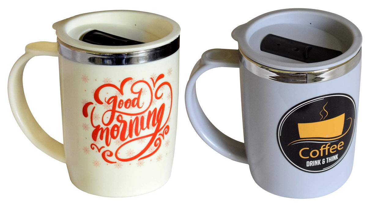 Kuber Industries Insulated BPA Free Plastic Coffee Mug with Lid, Pack of 2 (Grey & Cream)