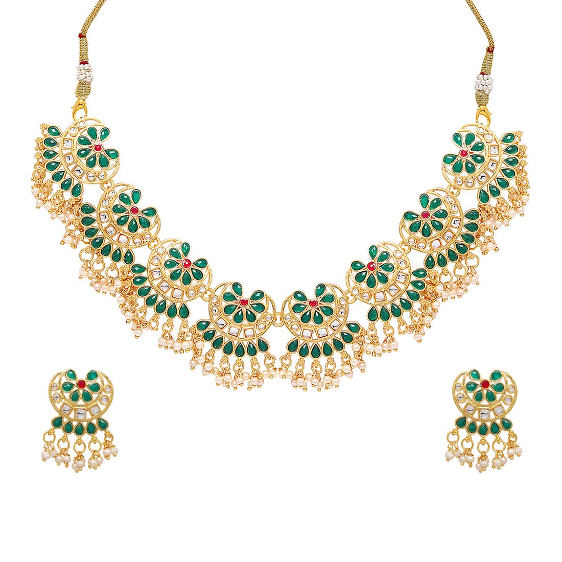 Yellow Chimes Ethnic Handcrafted Green Beads Floral Kundan Jewellery Set Gold Plated Traditional Choker Necklace Set for Women and Girls (Green, Gold)