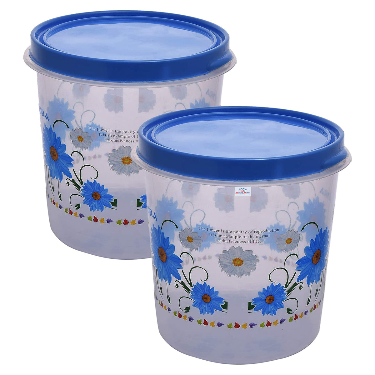 Heart Home Storage Container|Durable Plastic Floral Design BPA Free Food Kitchen Organizer with Lid|Food Utility Jar, 10 LTR, Pack of 2 (Blue)