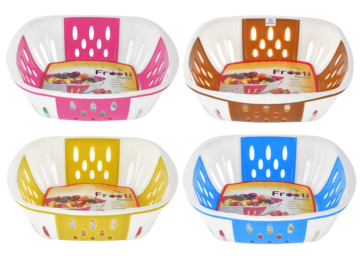 Heart Home Large Plastic Fruit, vegetable Storage Basket- Pack of 4 (Brown & Green & Blue & Pink)-HS42HEARTH25427