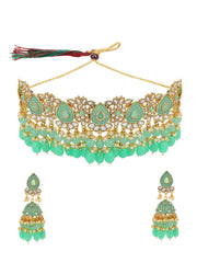 Yellow Chimes Traditional Jewellery Set for Women Kundan Green Beads Jewellery Set Gold Plated Traditional Choker Necklace Set with Maang Tikka for Women and Girls.