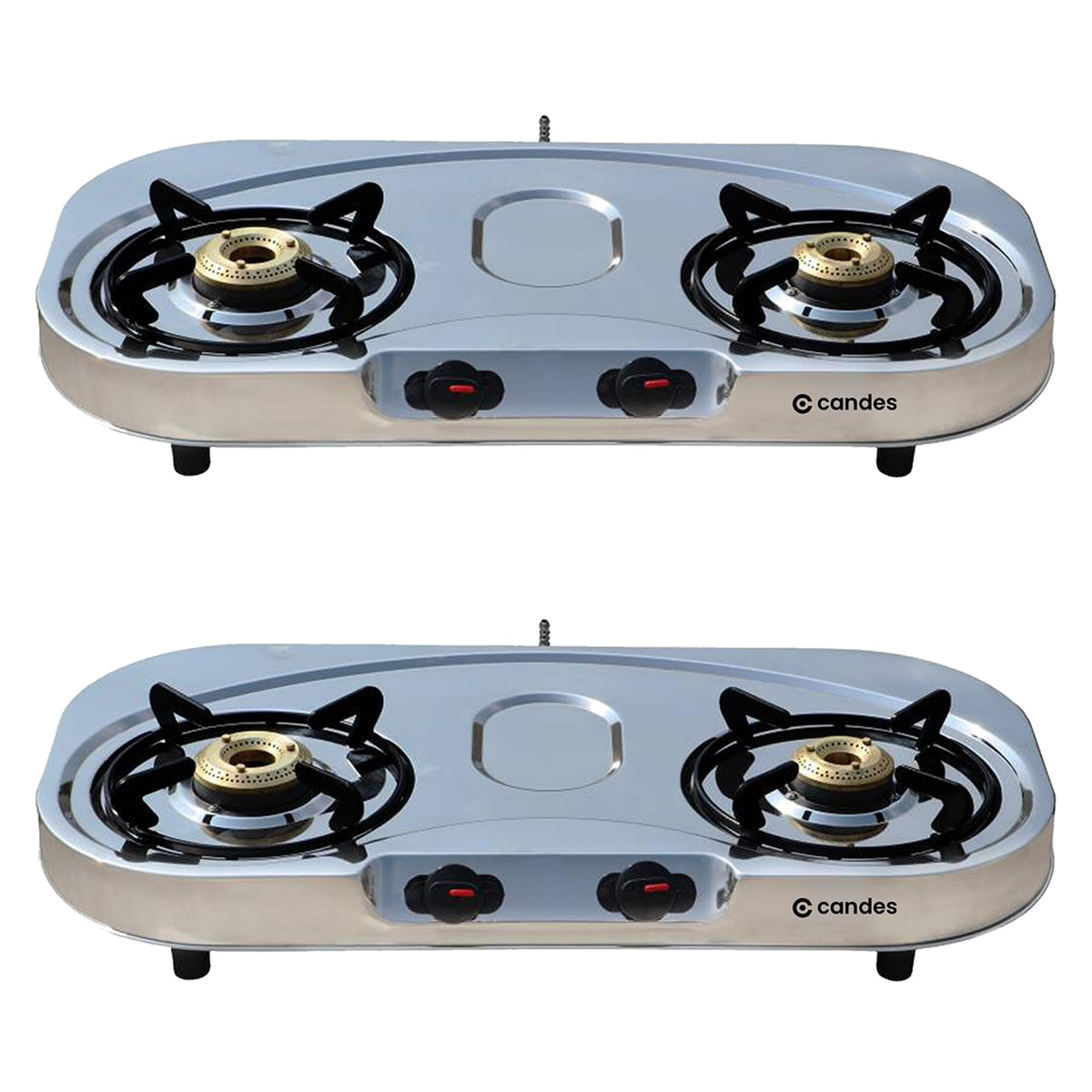 Candes Stainless Steel 2 Burner Manual Oval Gas Stove |Die Cast Alloy Tornado Burner | Gas stove 2 burners Steel |LPG Compatible |ISI Certified | Door Step Service,300 Days Warranty| Pack of 2