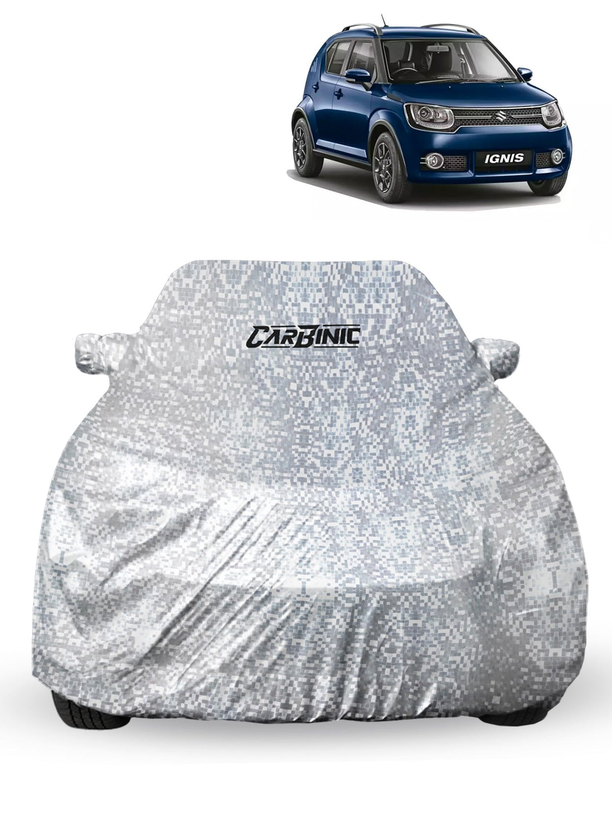 CARBINIC Car Cover for Maruti Ignis2017 Waterproof (Tested) and Dustproof Custom Fit UV Heat Resistant Outdoor Protection with Triple Stitched Fully Elastic Surface | Silver with Pockets