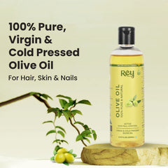 Rey Naturals Cold Pressed Olive Oil for Hair - Nourishing Hair Oil for All Hair Types - Deeply Moisturizes, Repairs and Strengthens Hair - For Hair Growth and Adds Shine - 200ml (200ml)