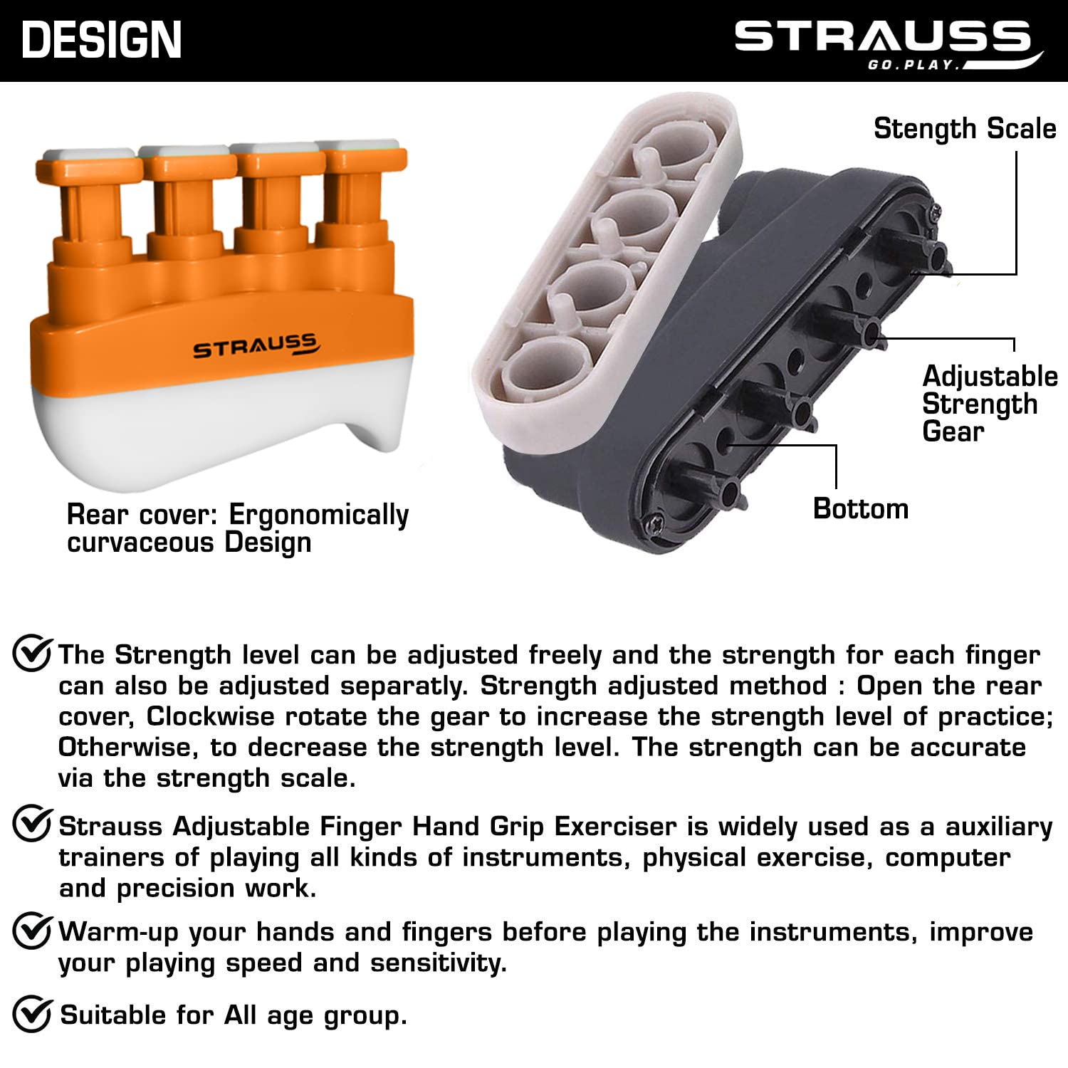 Strauss Adjustable Square Finger Hand Grip, (Orange)