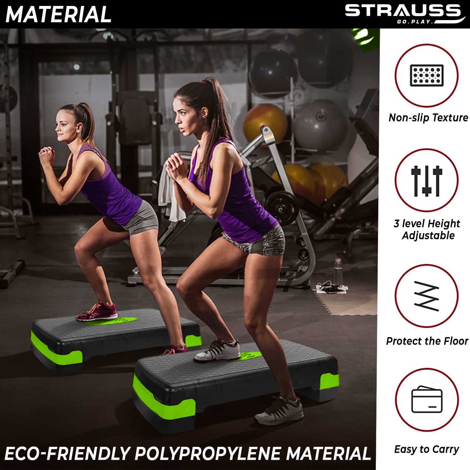 Strauss Aerobic Stepper | Two Height Level Adjustments - 4 inches and 6 inches | Ideal For Cardio Workout, Lower Body Toning and Calorie Burning | Slip-Resistant & Shock Absorbing Platform for Extra-Durability - Supports Upto 200 KG, (Green)