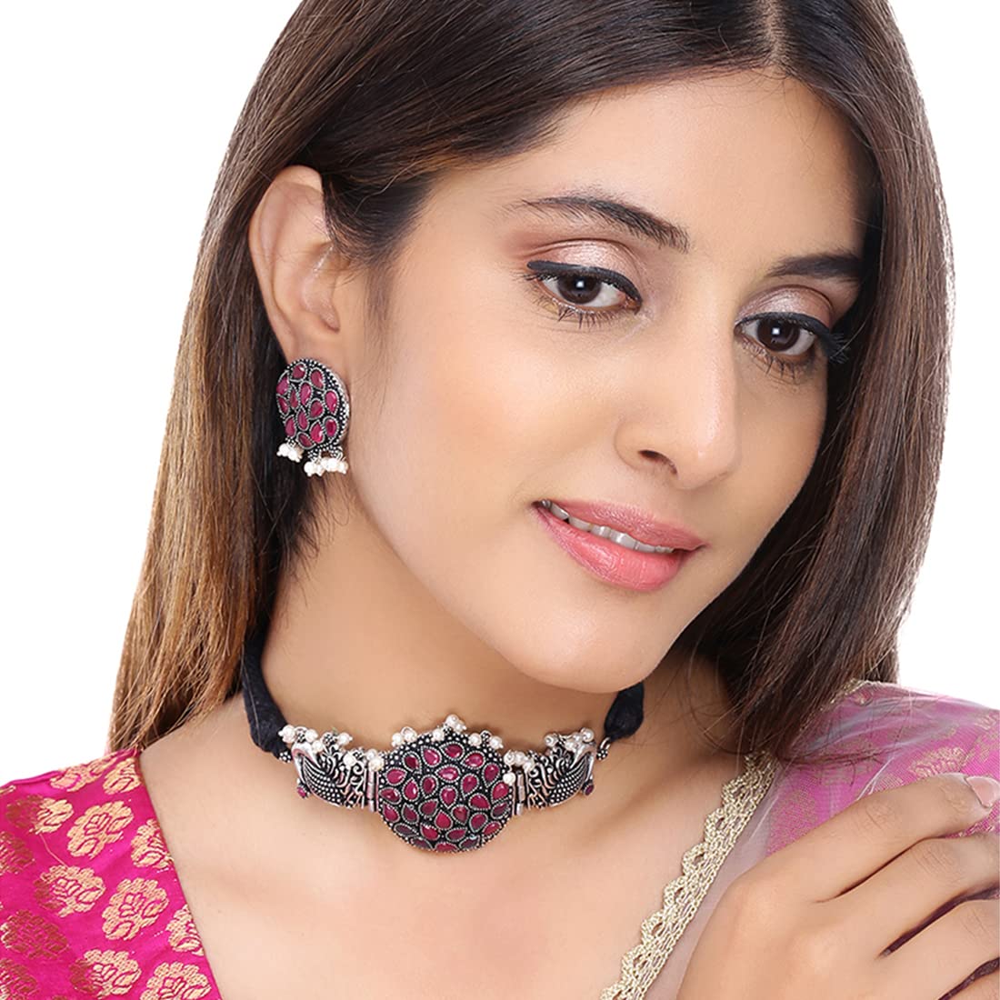 Yellow Chimes Ethnic German Silver Oxidised Studded Stone Peacock Design Threaded Choker Necklace Set Traditional Jewellery Set for Women and Girls, silver, pink, medium (YCTJNS-PECKSTON-PK)