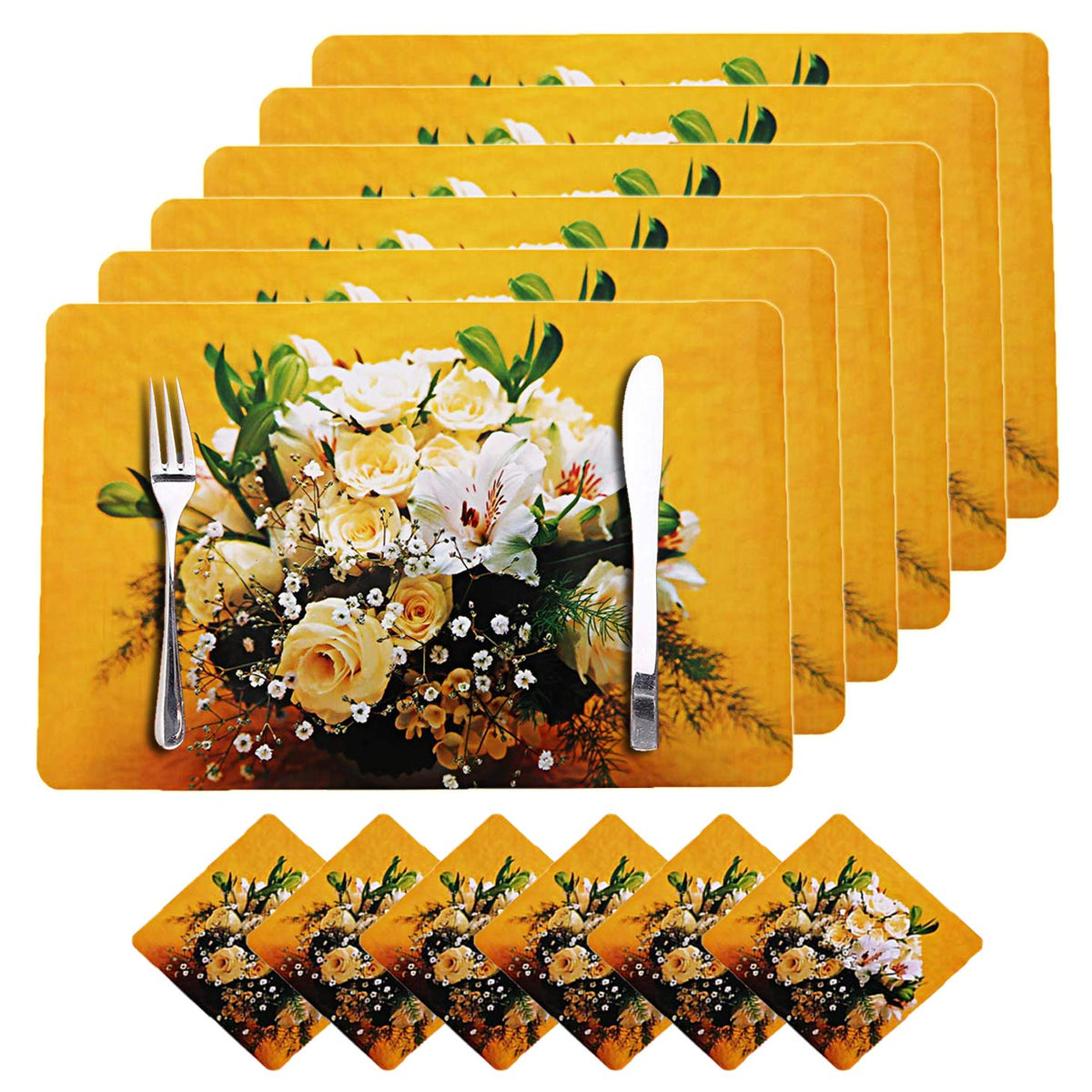 Heart Home Flower Pot Design PVC 6 Piece Dining Table Placemat Set with Tea Coasters (Yellow)- CTHH03975