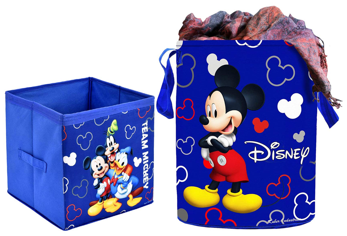 Kuber Industries Disney Team Mickey Print Non Woven Fabric Foldable Large Size Storage Cube Toy Laundry Basket Organizer 45 L (Set of 2, Royal Blue)-KUBMART10416