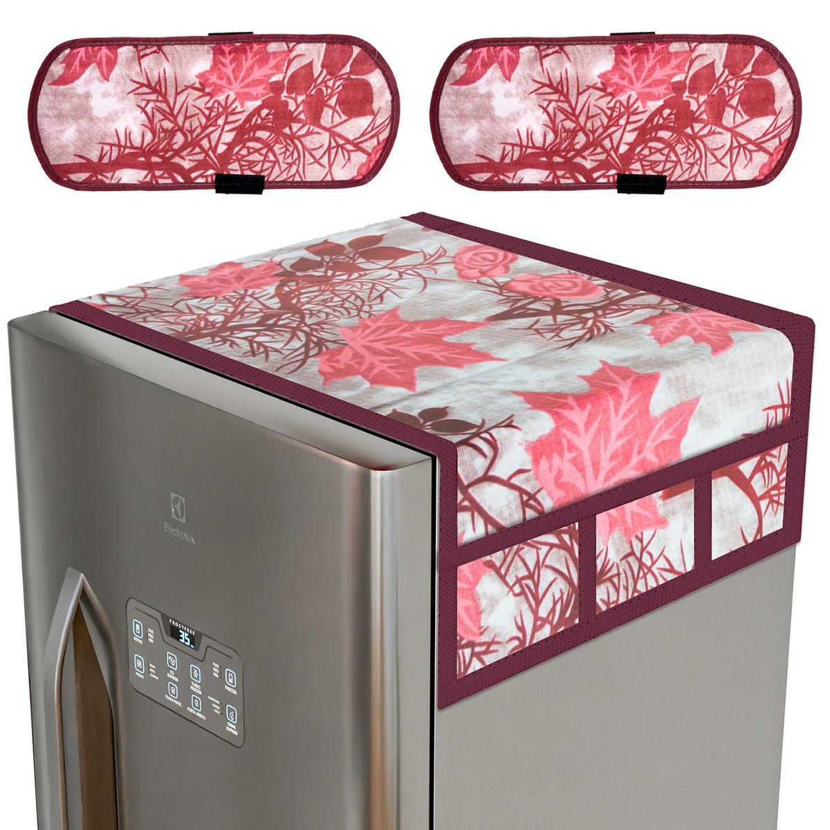 Kuber Industries Fridge Top Cover & Handle Cover Set | Fridge Top & Handle Cover Set | Refrigerator Cover & Handle Cover Combo Set | Tree Kniting Fridge & Handle Cover | Maroon