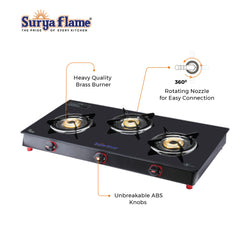 Surya Flame Smart Gas Stove 3 Burners Glass Top | India's First ISI Certifed Black Body PNG Stove | Direct use for Pipeline Gas - 2 Years Complete Doorstep Warranty(Pack of 2)