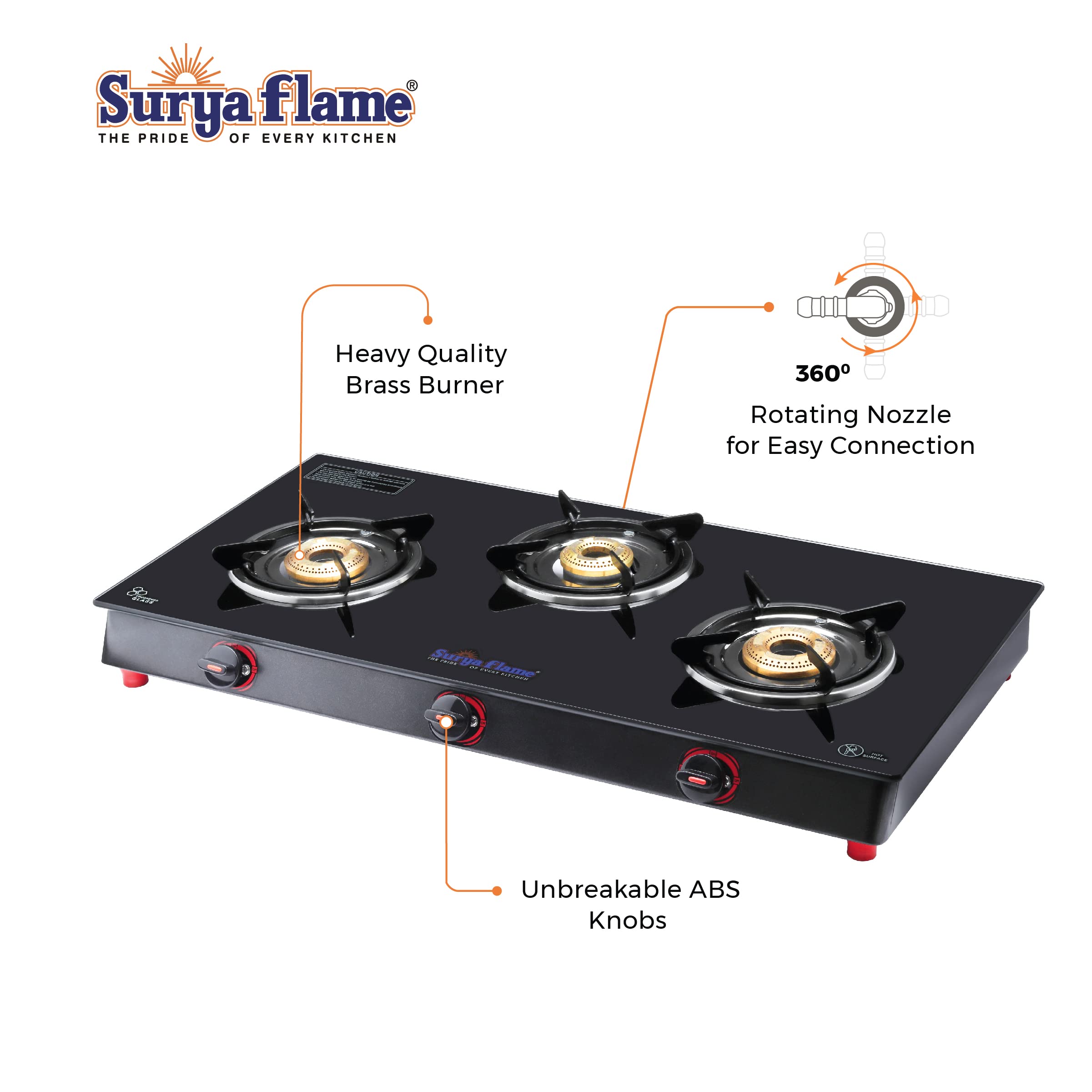 Surya Flame Smart Gas Stove 3 Burners Glass Top | India's First ISI Certifed Black Body PNG Stove | Direct use for Pipeline Gas - 2 Years Complete Doorstep Warranty(Pack of 2)