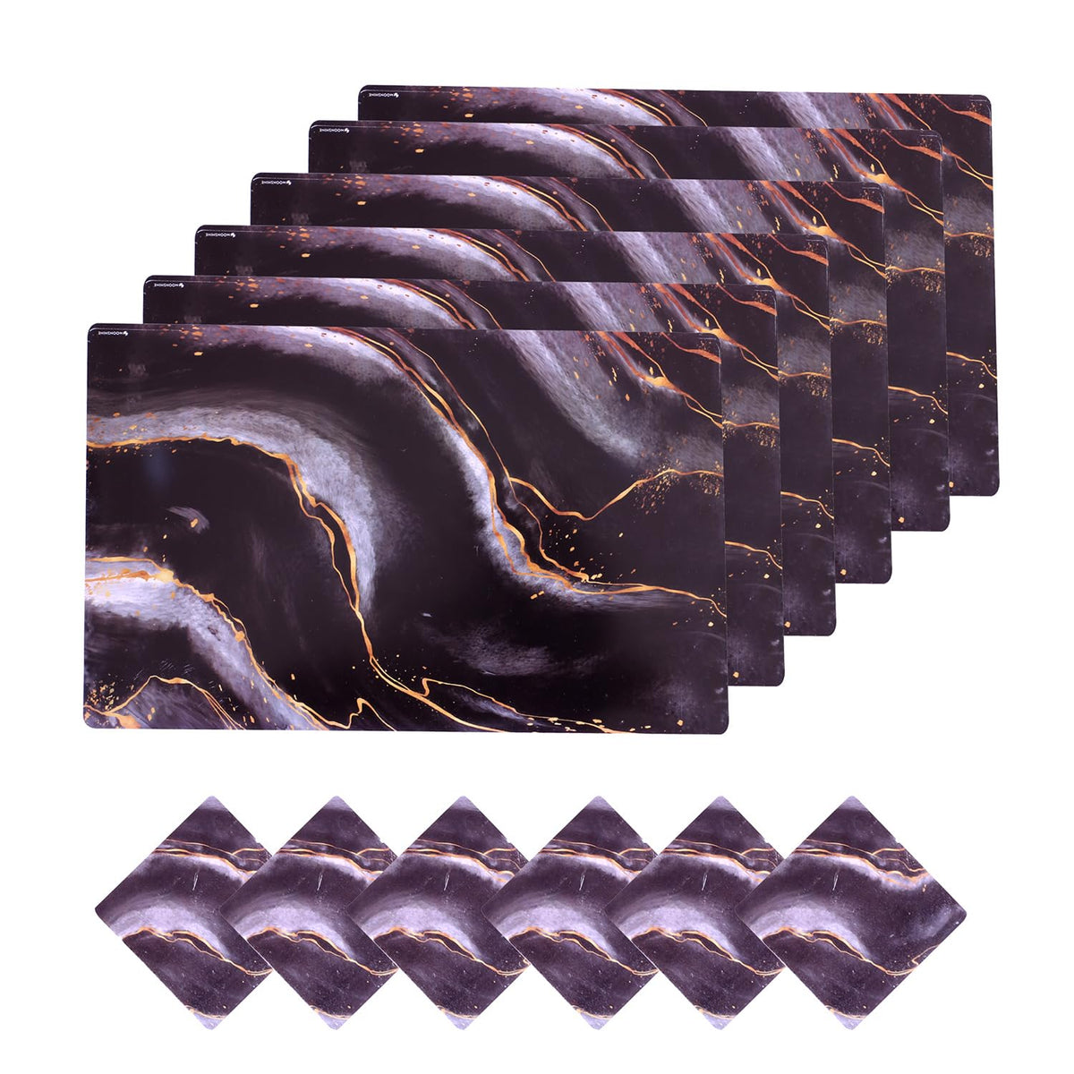 Heart Home Placemat | Table Placemats with Coasters | Table Placemats with Tea Coasters | Dining Table Placemats & Coasters Set | Diamond Marble | 12 Piece Set | Black