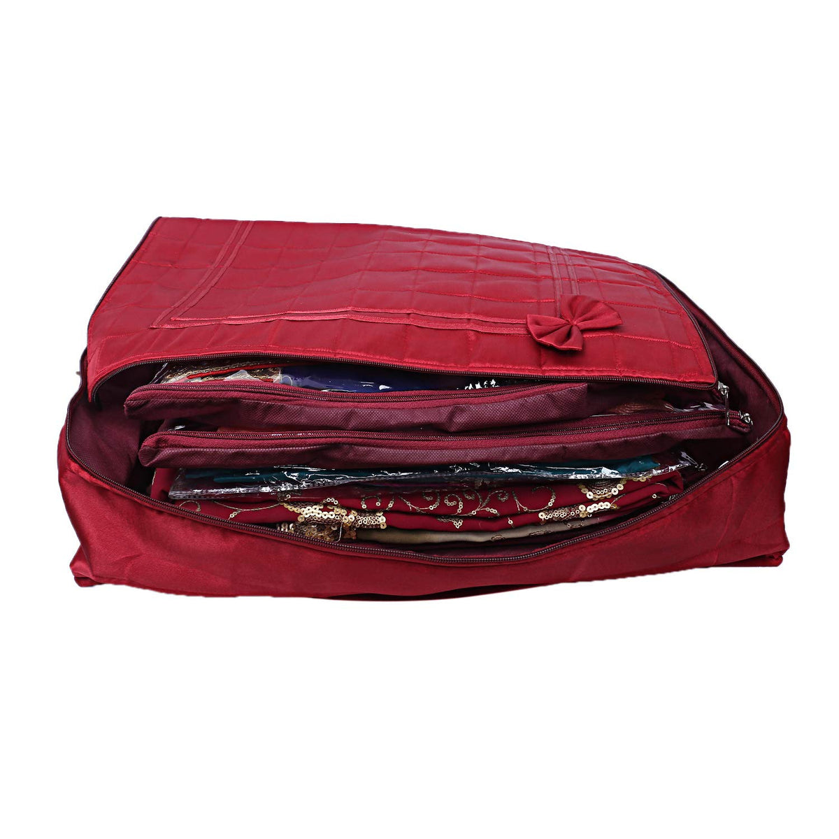 Kuber Industries Satin Bow Design 12 Flap Saree Cover Bag (Maroon)-CTKTC21188