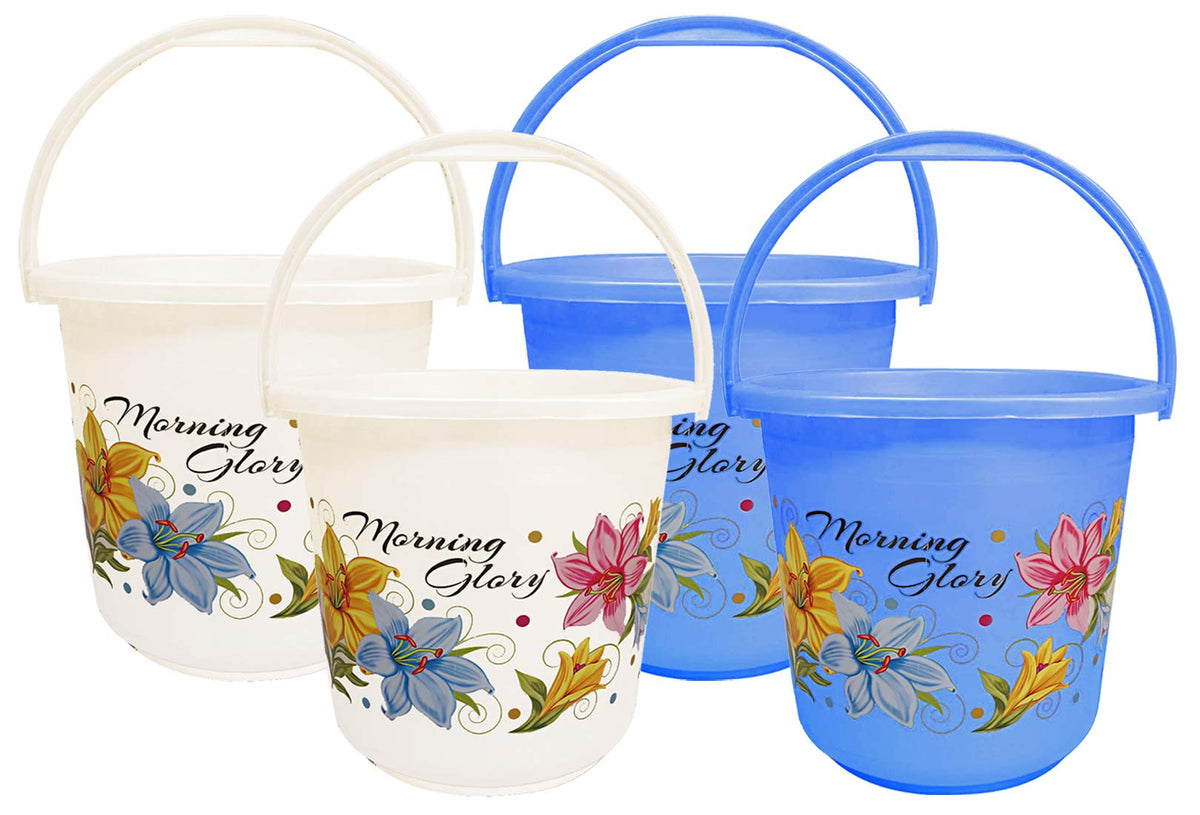 Kuber Industries Floral Print 4 Pieces Unbreakable Strong Plastic Bathroom Bucket 16 LTR (White & Blue) -CTKTC42865