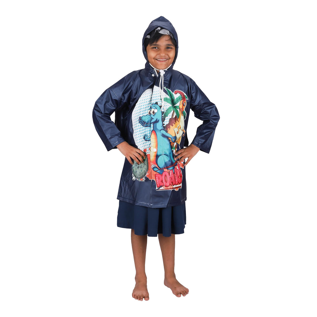 THE CLOWNFISH Toon Caper Series Kids Waterproof PVC Longcoat with Adjustable Hood & Extra Space for Backpack/Schoolbag Holding. Printed Plastic Pouch. Kid Age-5-6 years (Midnight Blue)