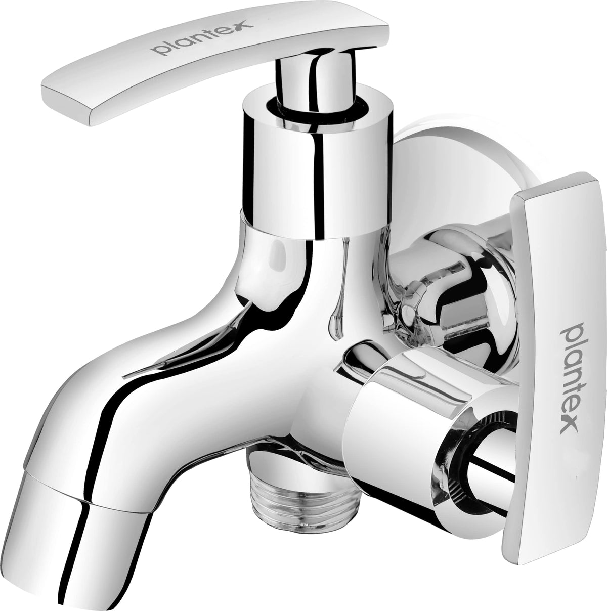 Plantex Pure Brass COL-1007, 2-Way Bib Cock/2-Way Angle Cock for Bathroom with Brass Wall Flange & Teflon Tape (Mirror-Chrome Finish)