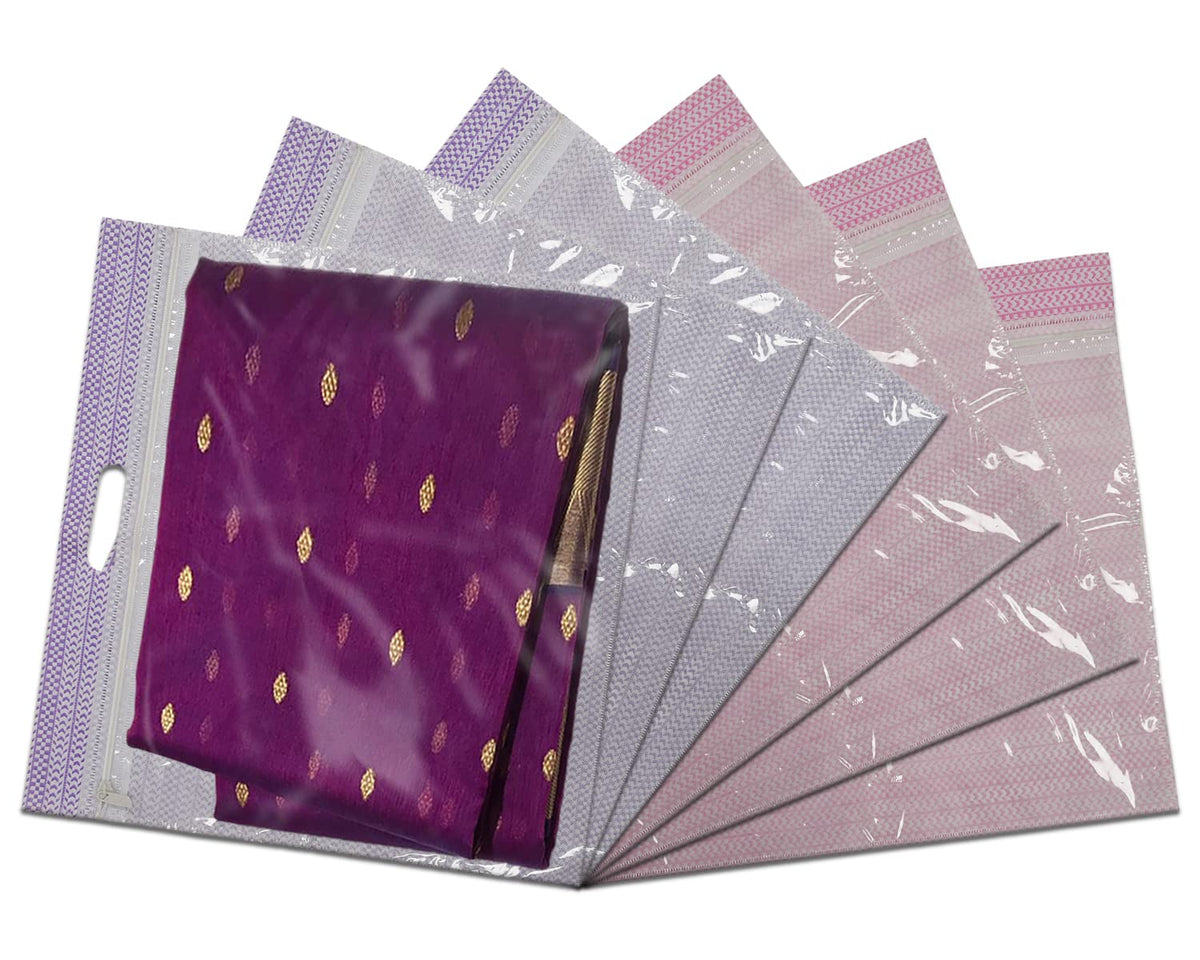 Kuber Industries Non-Woven Wardrobe Organizer/Gift Bags/Storage Bag For Store Saree, Lehenga, Suit With Transparent Window With Handle- Pack of 6 (Purple & Pink)