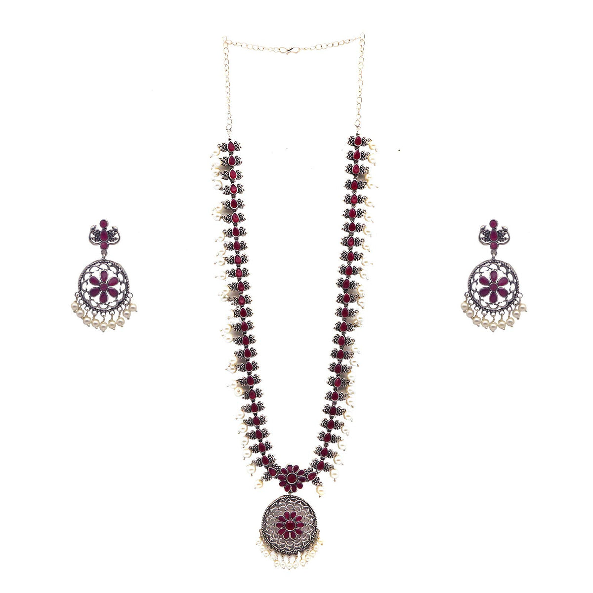 TEEJH Aanika Red Stone Floral Necklace Set For Women