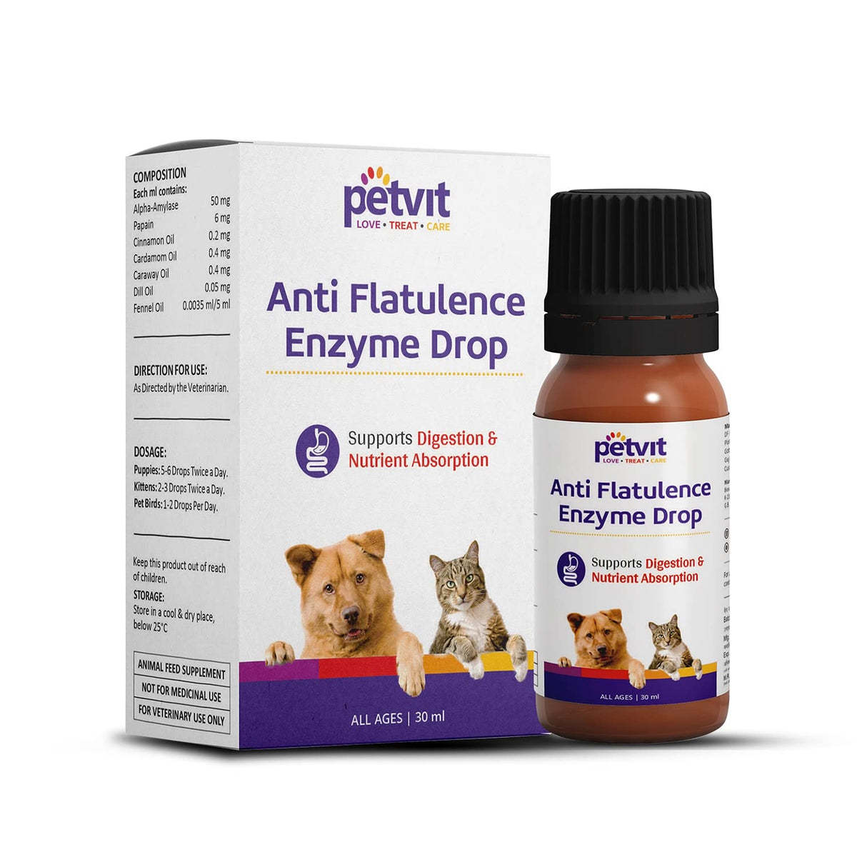 Petvit Anti Flatulence Enzyme Drop with Alpha -Amylase, Papain, Cinnamon Oil, Cardamom Oil, Caraway Oil | Helps Support Healthy Digestion | Safe & Natural | for All Ages Breed Dogs & Cats – 30 ml