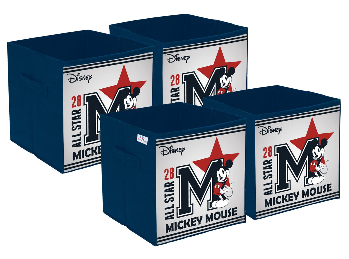 Heart Home Disney Star Mickey Print Durable & Collapsible Square Storage Box|Clothes Organizer With Handle,Pack of 4 (Navy Blue)