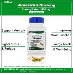 Healthvit American Ginseng 400mg (2% Ginsenosides) | Supports Brain Function, Boosts Immunity, Energy & Memory | Vegan & Gluten Free | 60 Capsules