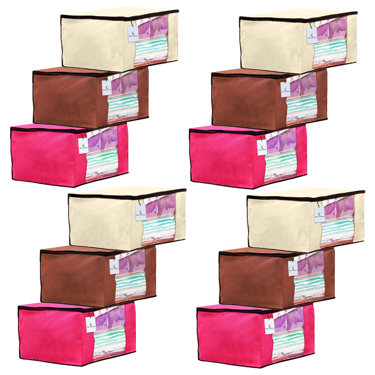 Kuber Industries 12 Piece Non Woven Fabric Saree Cover Set with Transparent Window, Extra Large, Ivory,Pink,Dark Brown-CTKTC23714
