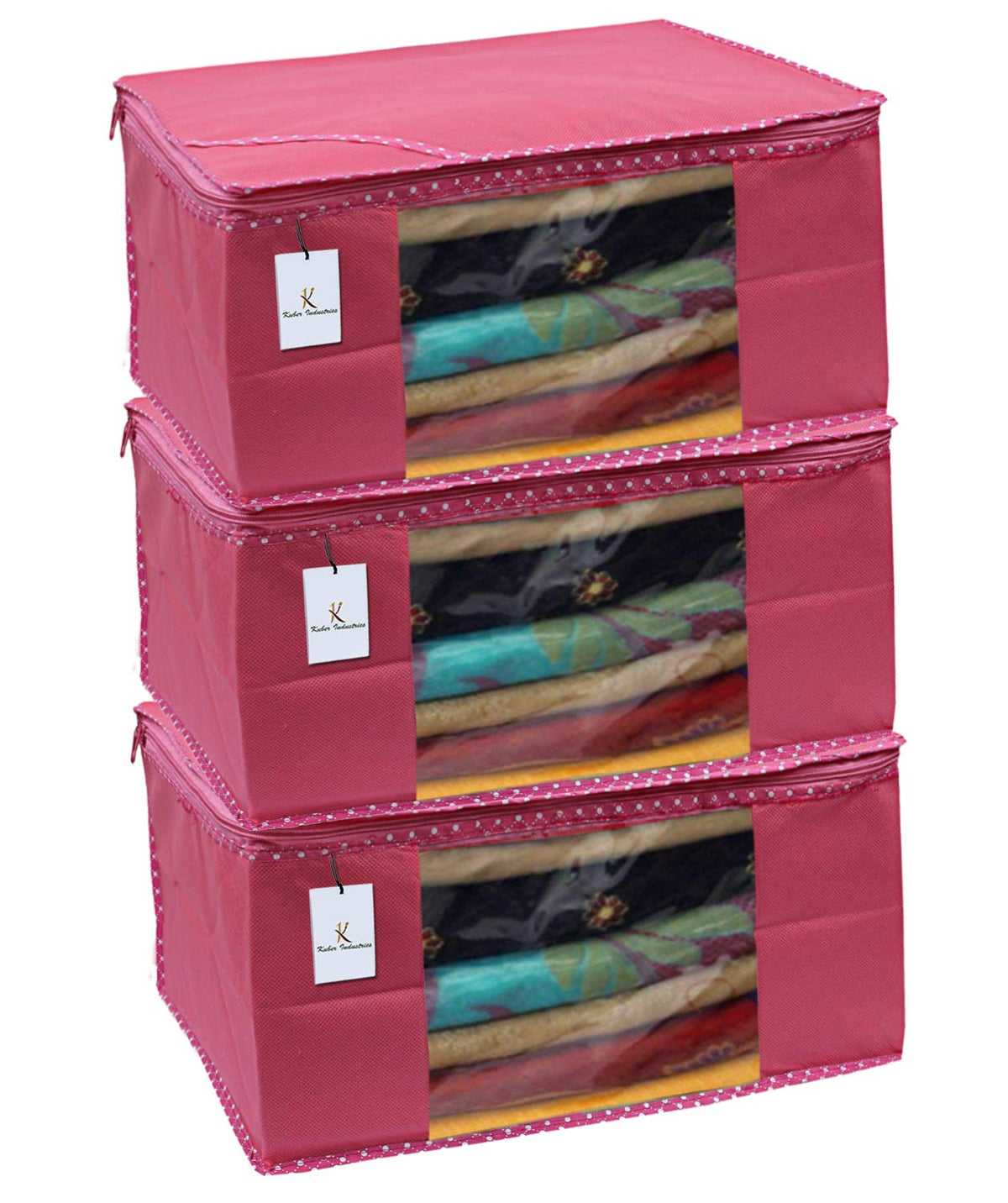 Kuber Industries 3 Piece Non Woven Saree Cover Set, Pink,Large Size -CTKTC6408