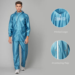 THE CLOWNFISH Oceanic Pro Series Men's Waterproof PVC Raincoat with Hood and Reflector Logo at Back for Night Travelling. Set of Top and Bottom (Turquiose Blue, XXL)