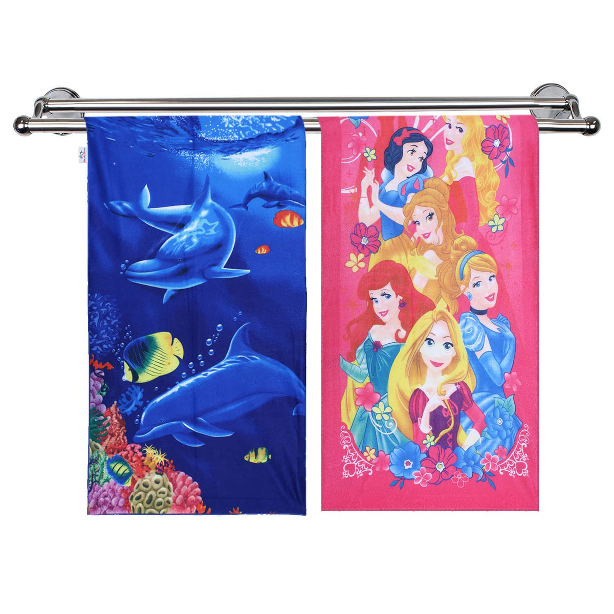 Heart Home Kids Bath Towel|Soft Cotton & Sides Stitched Baby Towel|Super Absorbent Aquarium & Princess Print Towel for Infants,Pack of 2 (Multicolor)