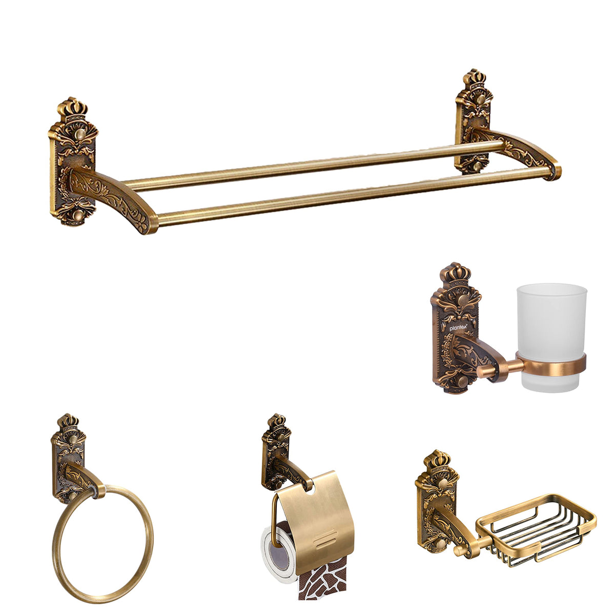 Plantex Aluminium Antique Bathroom Accessories Set of 5-pcs/Bathroom Hardware Set (Towel Rod/Napkin Ring/Paper Holder/Soap Dish/Tumbler Holder)