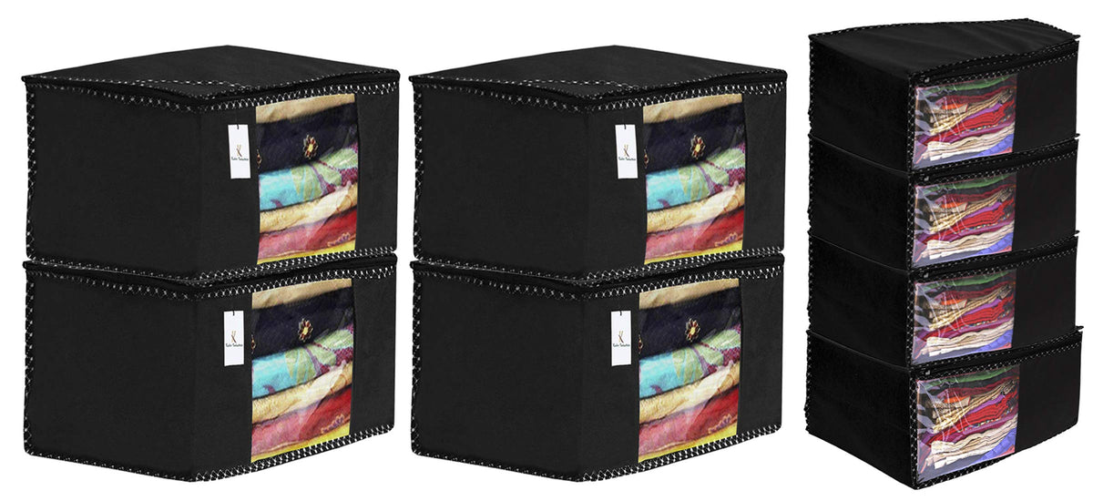 Kuber Industries Non Woven 4 Piece Saree Cover/Cloth Wardrobe Organizer and 4 Pieces Blouse Cover Combo Set (Black) -CTKTC038394