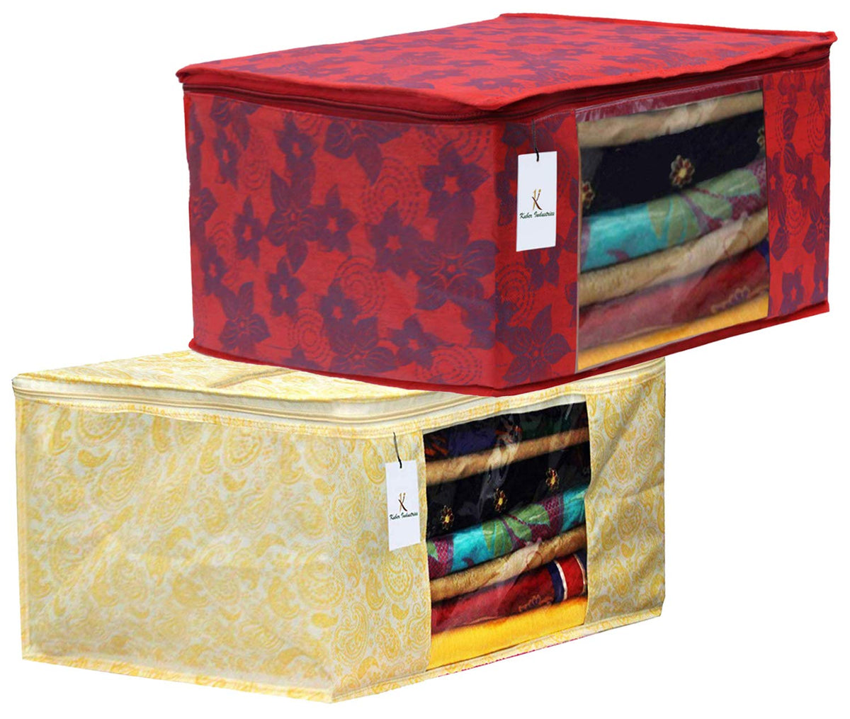 Kuber Industries Metalic Printed 2 Piece Non Woven Fabric Saree Cover Set with Transparent Window, Extra Large, Gold & Red -CTKTC40785, Standard