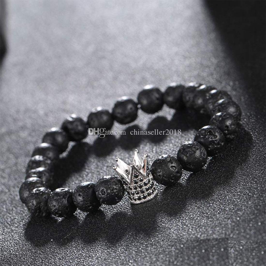 Yellow Chimes King Crown Natural Matte Black Volcanic Lava Stone Beads Stretchable Charm Bracelet for Men and Boy's