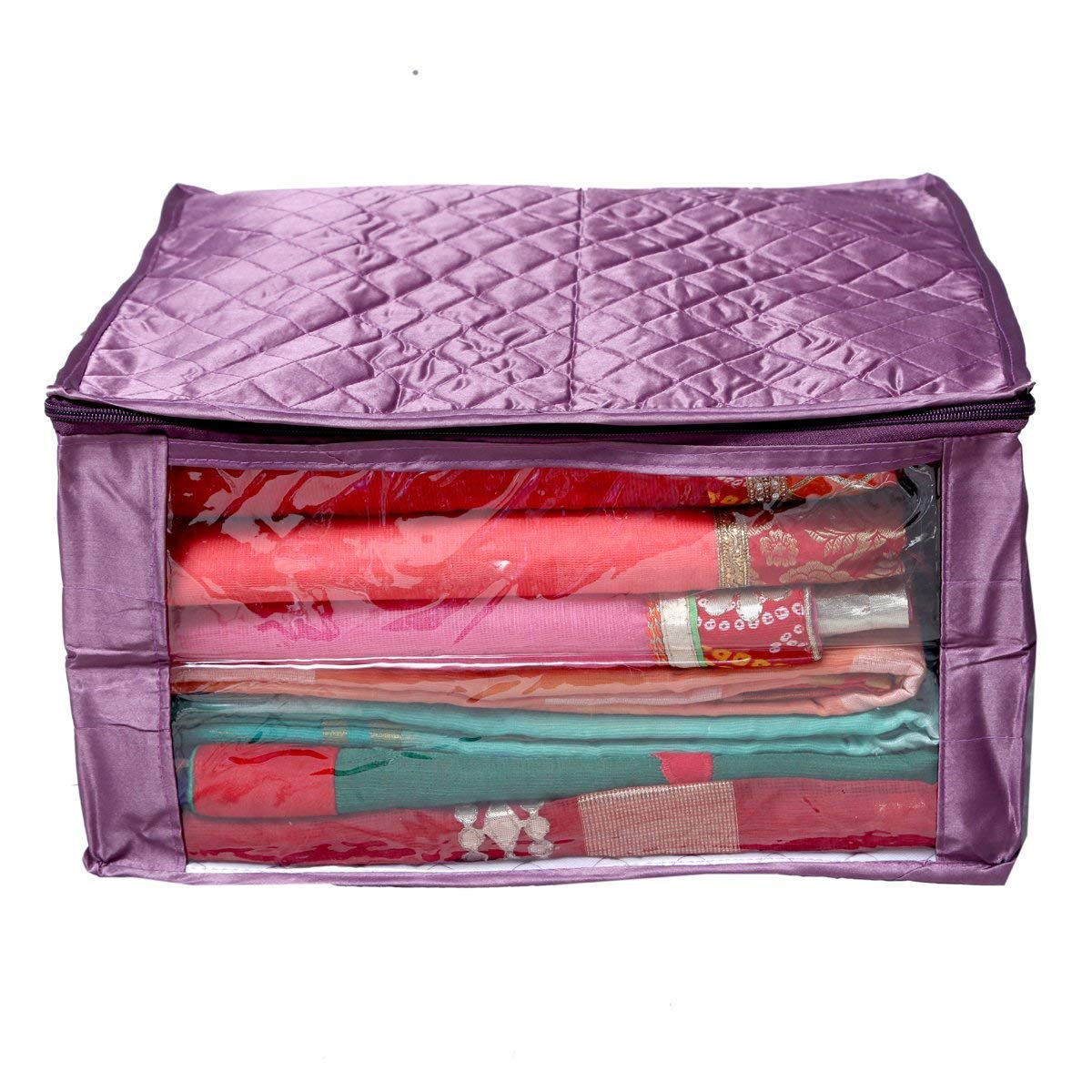 Kuber Industries Designer 2 Pieces Saree Cover Large Size in Purple Satin Material with Capacity of Upto 15 Sarees/Wedding Gift (Purple)-KUBMART2811