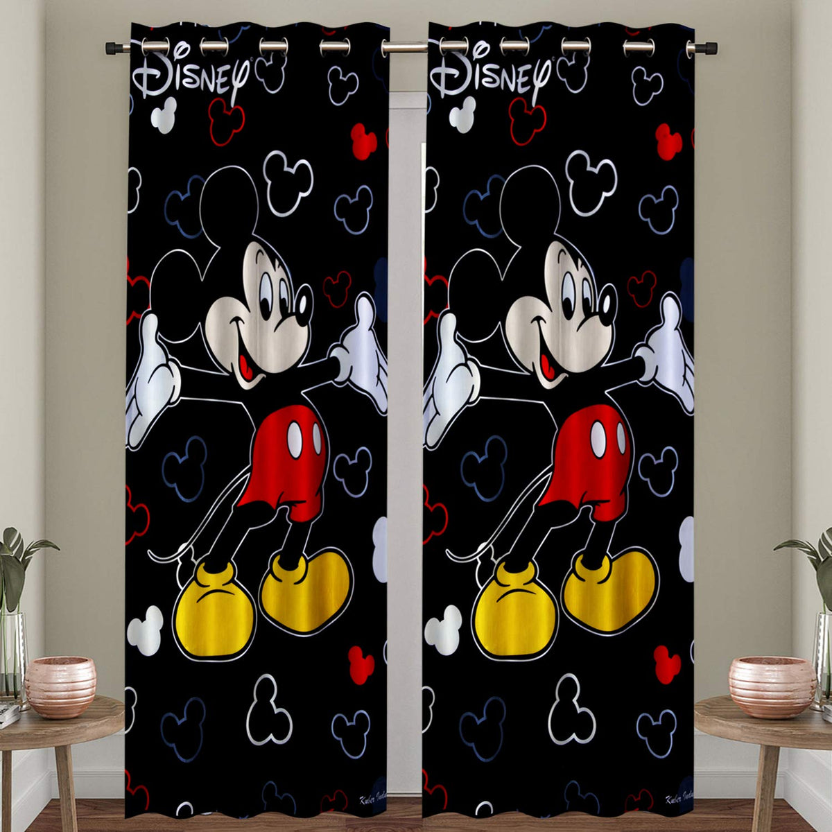 Kuber Industries Disney Mickey Print 2 Pieces Polyester Special Blackout Long Crush Eyelet Door Curtain 7 Feet (Black)-KUBERMART14