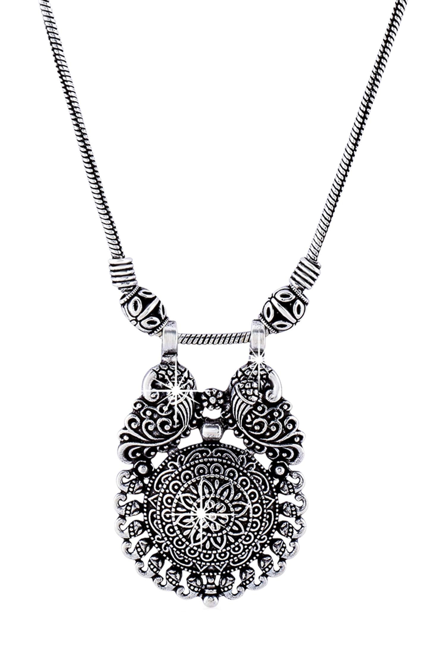 Yellow Chimes Traditional Artistic Peacock Design Afghani Style German Silver Oxidized Antique Necklace Women and Girls
